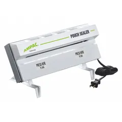 This heat sealer is designed for sealing pouches in packaging operations. It accommodates a maximum seal width of 5/8 inch and a maximum seal thickness of 4.5 mil. Suitable for light-duty bagging and packaging lines.