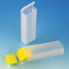This polypropylene slide mailer securely holds five microscope slides for storage and transport. The blue container protects slides during mailing and routine laboratory handling. Suitable for clinical, research, and educational settings.