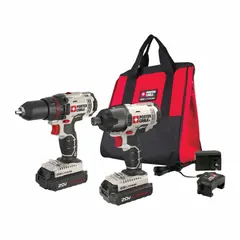 This 2-tool combination kit includes a drill/driver and an impact driver, both powered by a 20 V DC battery platform. The impact driver provides high torque for driving fasteners. Suitable for drilling and driving in wood, metal, and masonry for construction and maintenance tasks.