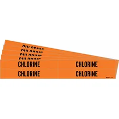 Orange adhesive pipe markers with black 'Chlorine' legend, designed for identifying pipes carrying chlorine in industrial facilities. Each pack contains 4 markers without directional arrows, fitting pipe outer diameters from 3/4 to 2-3/8 inches. Sold in a 5-pack.