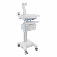 This mobile workstation is constructed from aluminum with a white cabinet. It features two drawers and a caster configuration of two swivel casters with brakes. Suitable for organizing medical equipment and supplies in healthcare settings