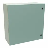Steel enclosure measuring 24 x 24 x 10 inches with a solid hinged cover secured by a 1/4-turn latch. Rated NEMA 12, 3R, and 4 for protection against dust, rain, and hose-directed water. Suitable for indoor or outdoor use in industrial environments. Knockouts are not included