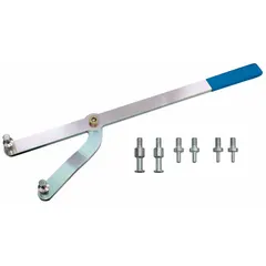 This 9-piece reaction wrench set from GEDORE has an overall length of 18 1/2 in and a width of 50 mm. It includes a 7.5 mm diameter bolt set (KL-0282-312). Designed for tightening or loosening fasteners in confined spaces where a standard wrench cannot react against a stationary object, it is used in industrial maintenance, assembly, and repair tasks.