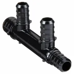 Polysulfone branch manifold with one 3/4 in inlet and three 1/2 in outlets, rated for 160 psi maximum operating pressure. Used to distribute water or heating fluid from a single supply line to multiple branch circuits in plumbing and radiant heating systems.