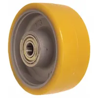 This wheel features a yellow polyurethane tread bonded to an iron core. With a 7 7/8 in diameter and 3 1/8 in width, it is suited for industrial carts, dollies, and material handling equipment in warehouses, factories, and workshops. The polyurethane tread provides floor protection and quiet rolling