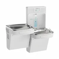 On-wall two-level drinking fountain with integrated bottle filler. Stainless steel housing with Arctic White finish. Chilling capacity of 8 gph at 50°F. Bottom panel access for filter replacement. Suitable for commercial and institutional settings requiring accessible hydration stations