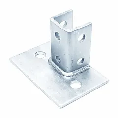Steel post base for single 1-5/8 in x 1-5/8 in strut channels. Electroplated finish. Six holes for mounting. Used to support conduit, piping, or equipment in strut channel framing systems.