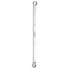 This SAE double-end box wrench features 12-point openings in 3/8" and 5/16" sizes with an offset design for improved access to recessed fasteners. Constructed from alloy steel with a chrome finish, it has a 9" overall length. Suitable for tightening or loosening nuts and bolts in confined spaces.