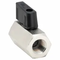 This mini ball valve features a nickel-plated brass body with FNPT female threaded ends for easy installation. The straight pattern and wedge handle provide reliable on/off flow control in low-pressure water, air, or oil lines. Compact size suits small-diameter piping in industrial and plant maintenance applications