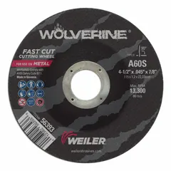 General purpose cut-off wheel for carbon and stainless steel. Aluminum oxide abrasive, 60 grit, Type 27 design. Dimensions: 4-1/2" diameter, 0.045" thickness, 7/8" arbor hole. Suitable for fabrication, maintenance, and repair cutting applications.