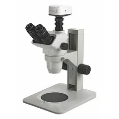 This trinocular stereo microscope offers a 0.67X to 4.5X zoom range with a 22 mm optical field of view and 100 mm working distance. It is suited for inspection, assembly, and quality control tasks requiring depth perception and detailed observation of small components.