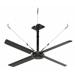 Industrial HVLS ceiling fan with 8 ft blade diameter, delivering 28,484 cfm airflow. Operates on 240V AC, three-phase power at 3.5 A. Features variable speed control and no light kit. Suitable for large spaces such as warehouses, distribution centers, and manufacturing plants.