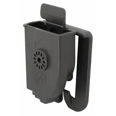 Black plastic sheath designed for carrying pliers-type tools. Features an open-top closure for quick access and a clip attachment that fits belts up to 1 3/4 inches wide. Includes one pocket.