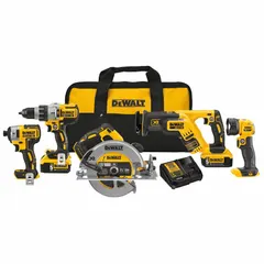This 5-tool combination kit operates on a 20V MAX* XR® platform and includes a reciprocating saw, drill/driver, impact driver, circular saw, and work light. Powered by a 20 V DC battery system, it is suited for construction, remodeling, and maintenance tasks requiring cordless mobility.
