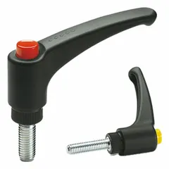 This teardrop-style adjustable handle features a gray plastic cap and a steel M6 threaded stud with 40 mm thread length and 44 mm overall length. Designed for manual clamping and positioning on machinery, jigs, and fixtures, it allows quick adjustment without tools. Common in industrial equipment for machining, material handling, and automation applications.