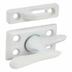 This non-handed bar-latch window lock is designed for casement windows, mounting on the sash with an included handle. The white painted finish and 2 13/32 in overall length suit residential or light commercial applications. No left- or right-hand orientation is required for installation.