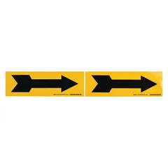 This vinyl pipe marker features a yellow background with black directional flow arrow legend. It is 7 inches wide and 2 1/4 inches long, supplied on a 7-inch roll width. Non-reflective, it is used to indicate flow direction in piping systems for industrial and facility applications.
