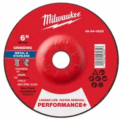 This MILWAUKEE grinding wheel is a Type 27 depressed-center wheel measuring 6" diameter by 1/4" thickness with a 7/8" arbor hole. Constructed with 24 grit zirconia alumina, it is suited for high-performance grinding on carbon and stainless steel. Common applications include metal fabrication, weld preparation, and maintenance tasks requiring efficient material removal.