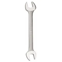 This double-end open end wrench is made from alloy steel with a satin finish. It features head sizes of 3/4 in and 11/16 in, with an overall length of 8 7/8 in. Suitable for tightening or loosening SAE hex fasteners in maintenance and repair tasks.