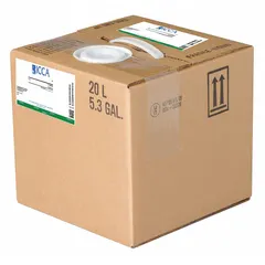 Liquid pH buffer with a certified range of pH 3.99 to 4.01, color coded red for identification. Supplied in a 20 L plastic container within a box, this lab-grade buffer is used for calibrating and verifying pH meters and electrodes in laboratory settings.