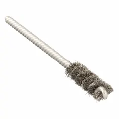This single-stem brush is designed for cleaning blind holes and tubes in stainless steel surfaces. It has a 1/4 in diameter and 0.004 in fill diameter, made of stainless steel. Suitable for industrial maintenance to remove debris without scratching the workpiece.