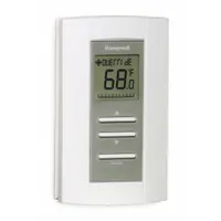 Digital proportional thermostat for heat and cool applications. Operates on 24V AC with a 0–10V DC output signal. Features push-button control, automatic and manual changeover, and system settings of Heat-Cool-Off. Temperature control range: 50° to 95°F. Mounts vertically in a rectangular shape with terminal designations for Open Closed