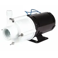This magnetic-drive straight centrifugal pump from LITTLE GIANT features a 1/10 hp single-phase motor and 115V AC nameplate voltage. It is constructed with a glass-filled polypropylene housing and a Buna-N gasket, with FNPT connections. The magnetic-drive design eliminates shaft seals, making it suitable for circulating and transferring corrosive or sensitive fluids in applications such as chemical processing, plating, and filtration systems