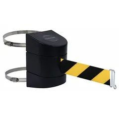 This rack-mount retractable belt barrier features a 15 ft black/yellow patterned belt and a black frame. It is designed for crowd control and safety delineation in industrial facilities, warehouses, and public spaces. The unit mounts securely using a hose clamp or wire clip for permanent installation.