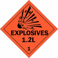 Class 1: Explosives placard measuring 10 3/4 in x 10 3/4 in with a label height of 10 3/4 in. Displays the message 'Explosives 1.2 L 1' for identifying hazardous materials during transport. Used on containers and vehicles to indicate the presence of explosive substances