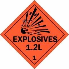 Class 1: Explosives placard measuring 10 3/4 in x 10 3/4 in with a label height of 10 3/4 in. Displays the message 'Explosives 1.2 L 1' for identifying hazardous materials during transport. Used on containers and vehicles to indicate the presence of explosive substances.