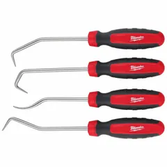 Chrome vanadium steel hook and pick set with a 45° offset tip for accessing confined spaces. Includes a steel screwdriver and plastic storage tray. Used for removing hoses, gaskets, seals, and O-rings in automotive and equipment maintenance.