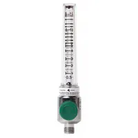 Oxygen flow meter with DISS inlet and outlet connections for secure attachment in medical gas systems. Polycarbonate housing with green knob. Graduation subdivisions of 0.5 (0-5) 1/min for precise flow measurement. Complies with ISO standards