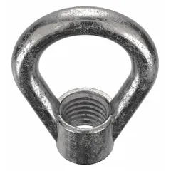 This stainless steel eye nut features a plain oval design with a 3/8"-16 thread, 1 1/4 in inside diameter, and 2 in outside diameter. It is used for lifting, rigging, and load attachment in industrial applications where corrosion resistance is required.