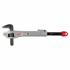 This MILWAUKEE pipe wrench features an aluminum body for reduced weight and serrated jaws for secure grip on pipes and fittings. With a 2-1/2 in jaw capacity and available in 13, 18, and 24 in overall lengths, it is suited for plumbing, construction, and maintenance tasks requiring turning and holding round objects.