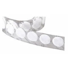 Pre-cut loop disc with 1/2 in diameter, white nylon material, and adhesive acrylic backing. Bonds to clean surfaces for temporary or semi-permanent fastening in assembly, cable management, and mounting applications.