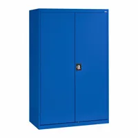 This industrial combination cabinet measures 46 x 24 x 72 inches and includes 4 shelves (3 adjustable, 1 fixed) with hanging rods. It features a recessed handle and three-point locking system for secure storage. Suitable for organizing supplies and tools in janitorial or maintenance environments