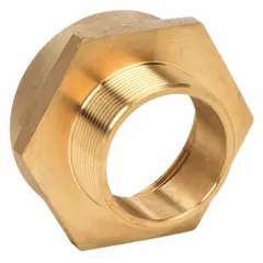 This brass adapter connects fire hoses with NH threads to NPT fittings. Straight configuration with hex body. Adapts from 2-1/2 in NH to 2 in NPT. Used in fire hydrants and standpipes for secure, leak-resistant connections in fire-suppression systems.