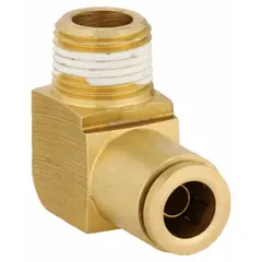 Brass adapter elbow with push-to-connect on one end for 3/8 in OD tubing and 3/8 in NPTF male threads on the other. Used in pneumatic and air brake systems for connecting tubing to threaded ports without tools.