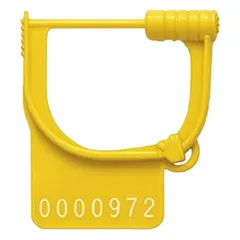 This plastic hasp padlock seal is made of yellow polypropylene with a 6 lb breaking strength and 29/50 in lock length. It features sequential letter marking reading 'Sealed' for tamper-evident security. Commonly used for access control on meters, cabinets, valves, and cargo containers.