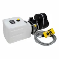 Double-acting DC hydraulic power unit with 12V operation, delivering 1.2 gpm at a maximum pressure of 2,800 psi. Features a 6-quart poly reservoir and SAE 6 ports for inlet and outlet. Suitable for mobile or remote hydraulic applications such as dump trailers and hoists