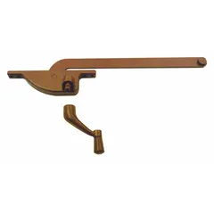 This left-hand crank window operator is designed for casement windows, featuring a bronze-coated brown finish and a 4 3/4 in base length. It is frame-mounted and includes a handle for opening and closing the sash. Suitable for residential or commercial casement window applications.