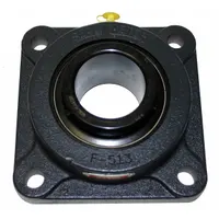 Four-bolt flange-mount ball bearing with a 15/16 in cylindrical bore, cast iron housing, and set screw locking. Lubricated with NLGI #2 Equivalent grease. Designed for a 7/16 in mounting bolt size. Used to support rotating shafts in industrial machinery, conveyors, and material handling equipment for moderate-speed, moderate-load applications
