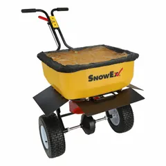 This manual walk-behind spreader features a steel frame and a polyethylene hopper with a 160 lb capacity. It distributes salt or ice melt with a maximum spread width of 20 ft for use on walkways, driveways, and parking lots.