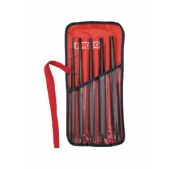 This 5-piece punch set includes tip sizes of 1/8 in, 3/16 in, 7/32 in, 1/4 in, and 5/16 in, each with a 10 in overall length. Used for aligning holes in metal parts during assembly or repair in industrial settings.