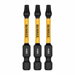 Impact-rated Torx bit with T20 size and standard hex shank for use with impact drivers. Suitable for driving Torx-head fasteners in high-torque applications such as framing, decking, and metal fabrication. Supplied as a 3-pack.