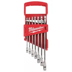 This 7-piece set includes SAE 12-point ratcheting combination wrenches in sizes from 3/8 in to 3/4 in. Made of alloy steel with a chrome finish, the wrenches feature a ratcheting box end for faster fastener turning in confined spaces. The set comes with a carrier for organized storage. Suitable for automotive repair, machinery maintenance, and general assembly tasks.