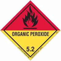 Semi-gloss paper label with 'Organic Peroxide' message for identifying Class 5 oxidizing agents and organic peroxides. Measures 3 15/16 x 4 inches, supplied in a 500-pack. Used for hazard communication on containers, drums, and packages during transport and storage