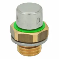 This pressure-relief breather vent features a brass body and stainless steel cap. It has a 1/4" SAE thread and a minimum opening pressure of 160 mbar. Designed for hydraulic and pneumatic systems, it provides controlled venting to prevent seal damage and component failure