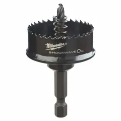 Bi-metal hole saw with attached arbor for cutting holes in wood, metal, and plastic. Features 8 teeth per inch and a maximum cutting depth of 1/8 in. Suitable for general maintenance, electrical, and plumbing applications.