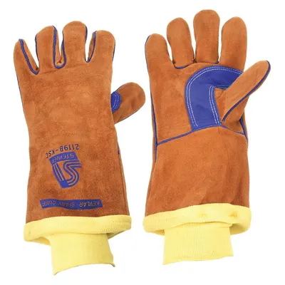 STEINER Welding Gloves: Wing Thumb, Knit Cuff, Premium, Brown/Blue Cowhide, Steiner 2119B-KSC - Stick Welding Gloves with Cowhide Leather Palm